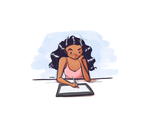 Woman leaning over a drawing tablet with a dreamy blue wash behind her.