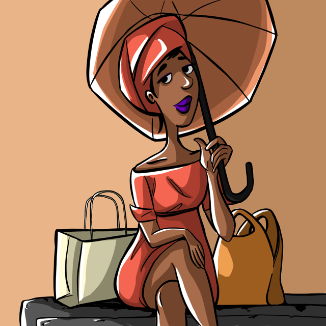 Woman in a red dress carrying shopping bags beneath a large umbrella.