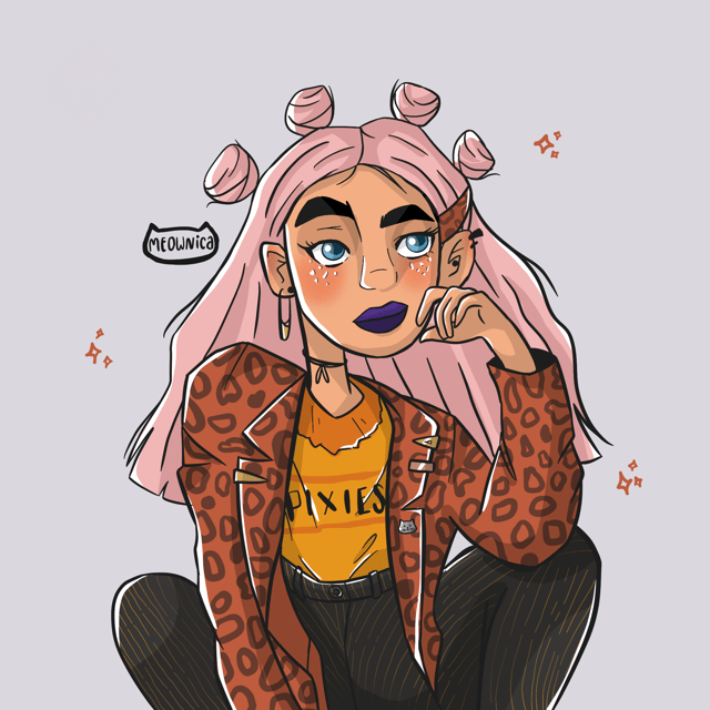 Seated pink-haired character with two buns, a patterned jacket, and a thoughtful expression.