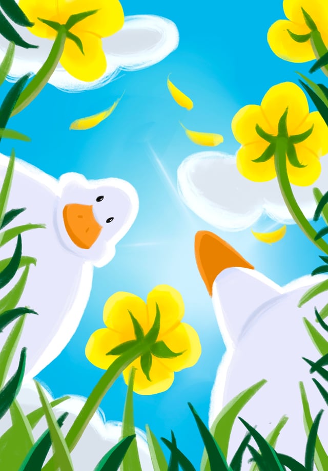 White ducks swimming among yellow flowers, green stems, and blue water.
