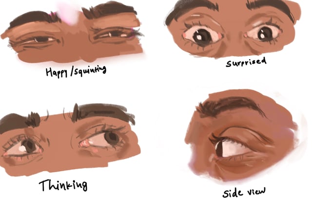 Digital gouache painting of eyes showing various expressions.