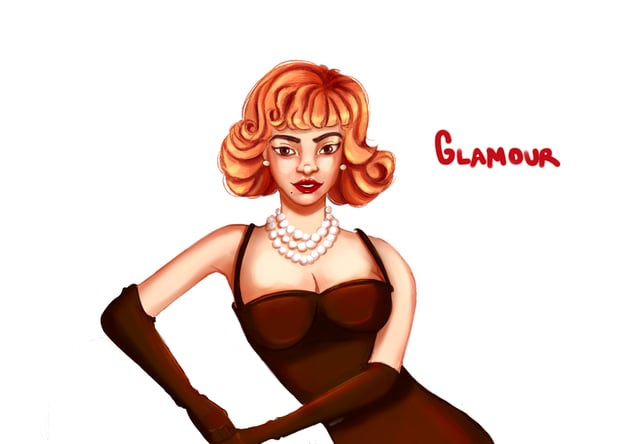 Red-haired woman in a dark evening dress, long gloves, and pearls beside the word Glamour.