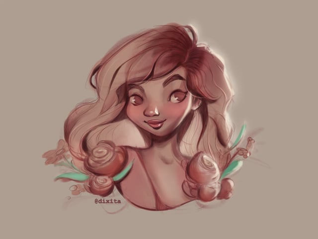 Softly shaded portrait of a smiling woman with long, flowing pink hair.