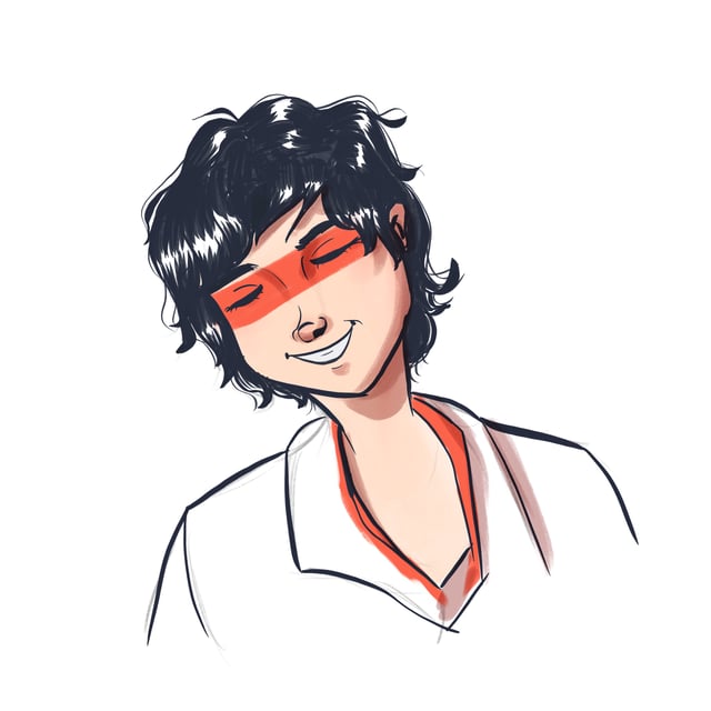 Loose illustrated portrait of a smiling dark-haired man wearing red sunglasses.