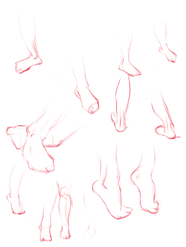 Red-line gesture studies of legs and feet in several positions.