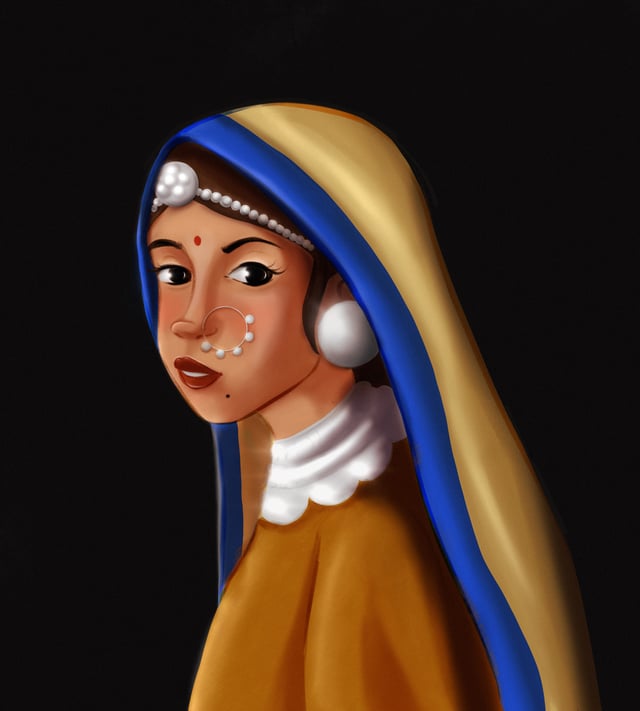 Stylized portrait of a woman in a blue-and-yellow headscarf with a large pearl earring.