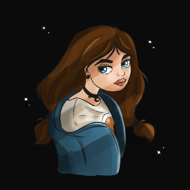 Blue-eyed character with long brown hair wearing an oversized blue shirt against a dark background.