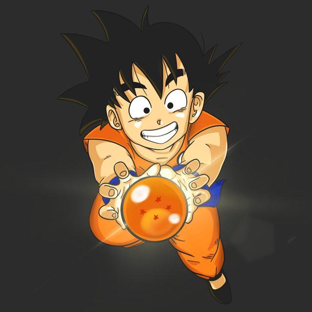 Young Goku holding a glowing Dragon Ball against a dark background.