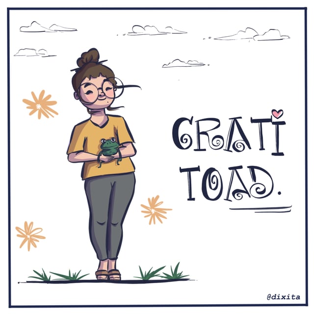Cartoon person holding a small green toad beside decorative Gratitoad lettering.
