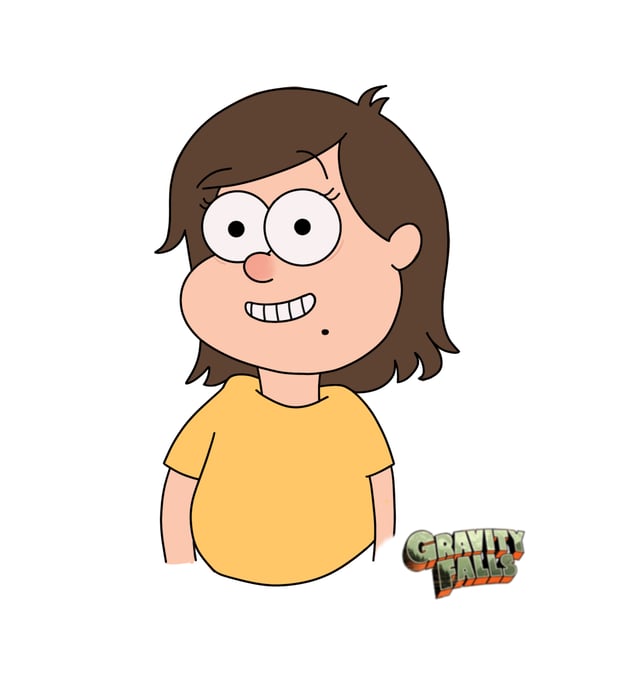Cartoon self-portrait in a yellow shirt with round glasses and a wide smile.