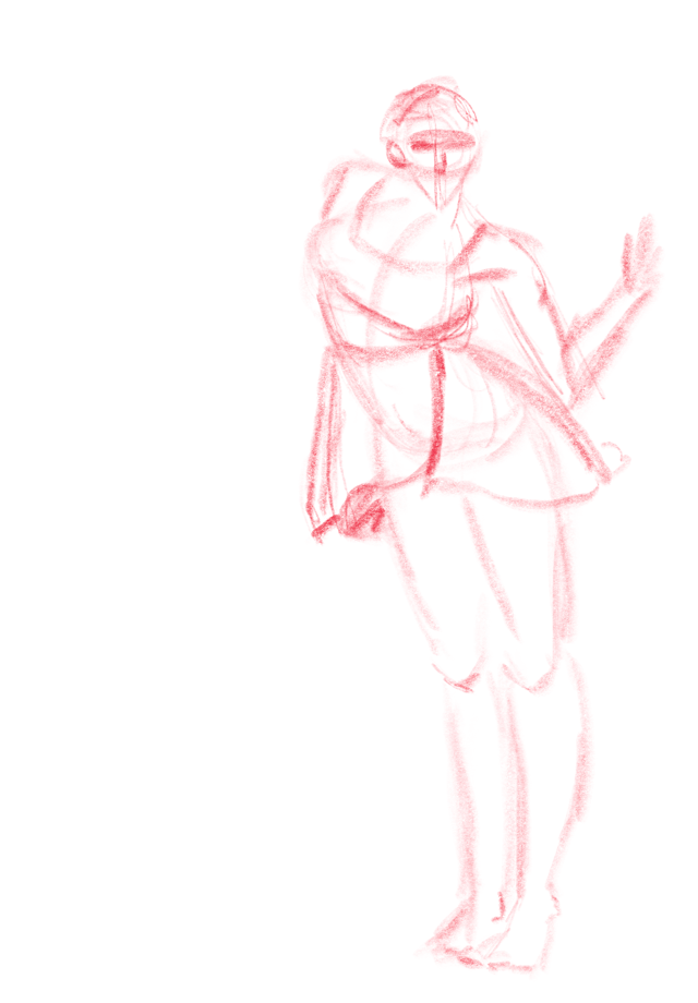 Red-line standing figure study with bent arms and weight shifted to one leg.
