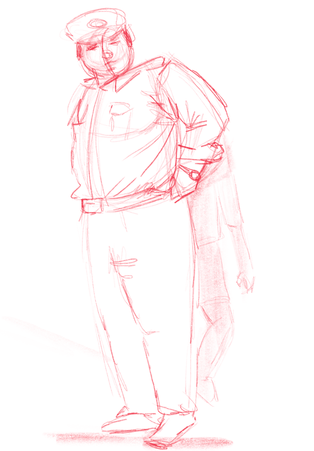Red-line figure study of a standing person in a sweatshirt and trousers.
