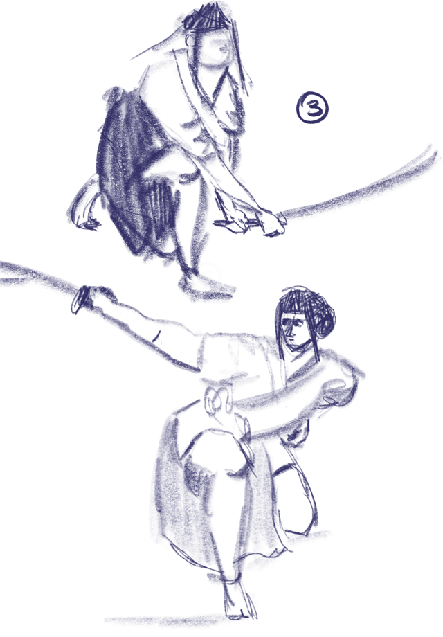 Two blue ink figure studies of people holding long curved props in dynamic poses.