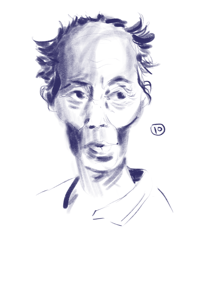 Blue ink portrait study with loosely shaded hair and facial planes.