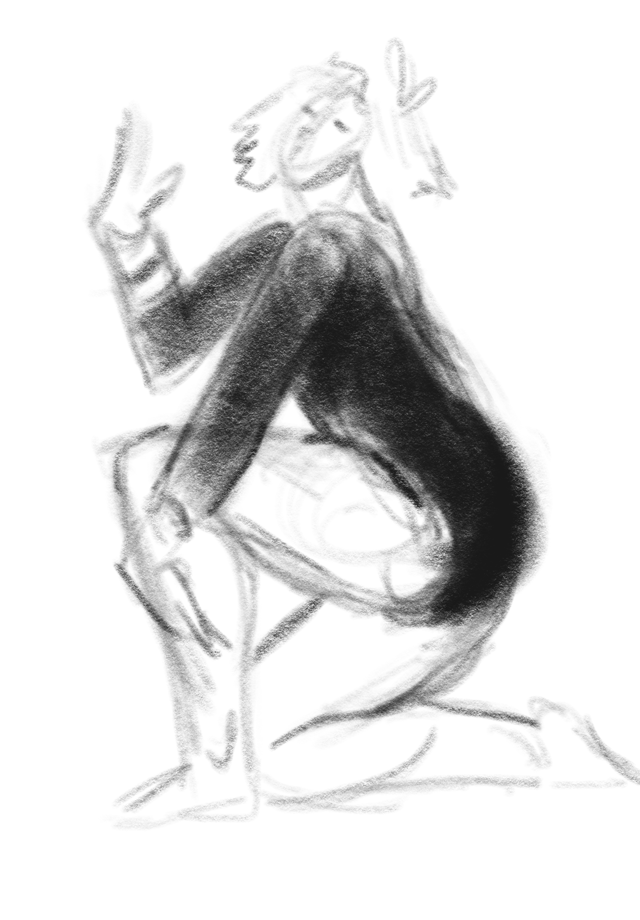 Charcoal-style study of a crouching figure with one knee raised.