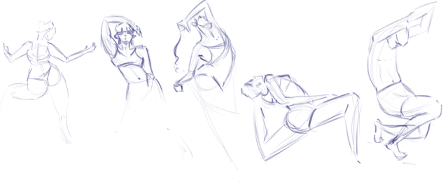 Page of blue line figure studies in seated, reclining, and bent poses.