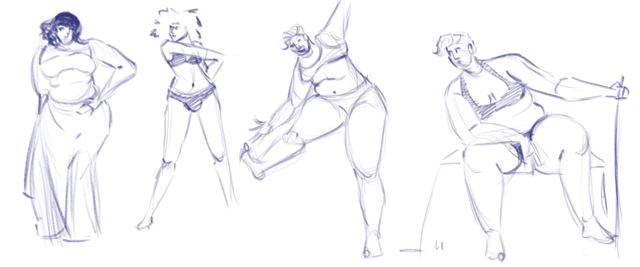 Page of blue line figure studies exploring standing poses, bent knees, and outstretched arms.