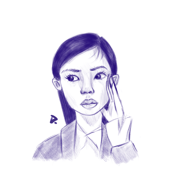 Purple monochrome portrait of a woman resting one hand against her cheek.