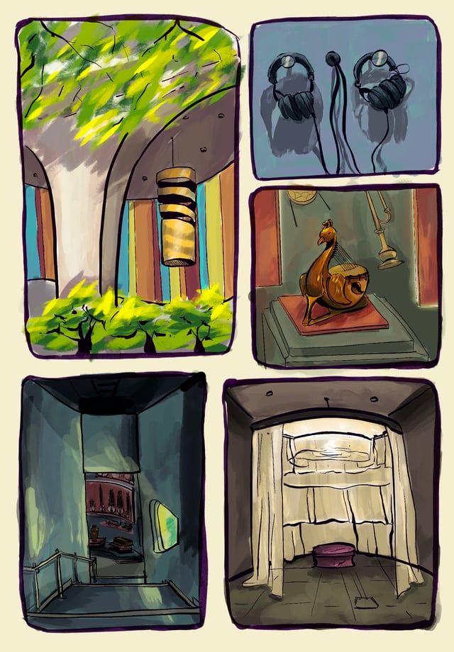 Four small observational paintings of museum architecture, displays, and interior spaces.