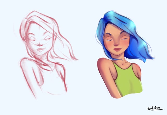 Paired sketch and colored portrait of a smiling blue-haired character in a green top.