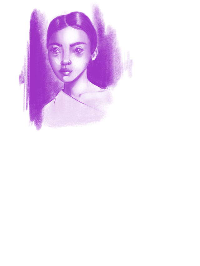 Small purple portrait study of a woman with dark hair in two high bunches.