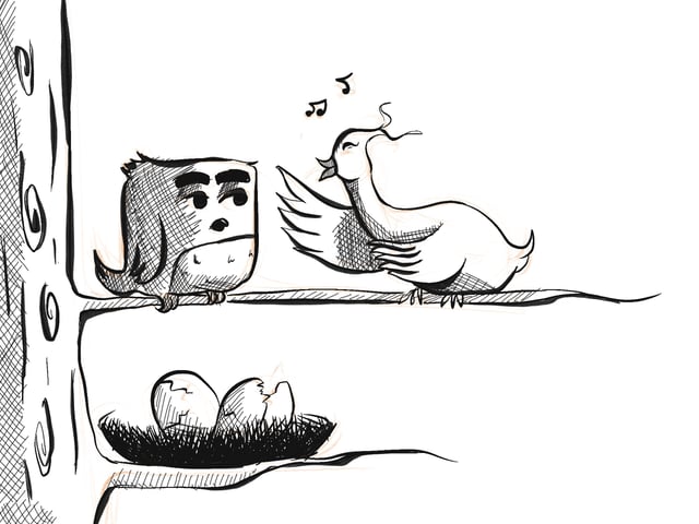 Black-and-white drawing of an owl in a tree hollow beside a bird and a nest of eggs.