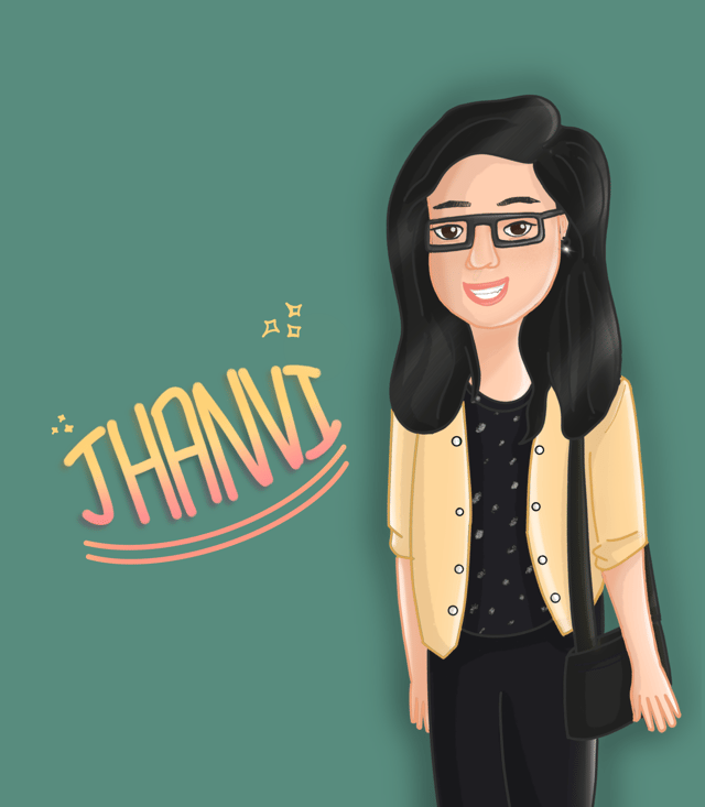 Cartoon portrait of a smiling woman with glasses, long black hair, and a yellow jacket.