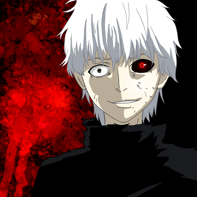 Portrait of Ken Kaneki with white hair and contrasting eyes against a red-and-black background.