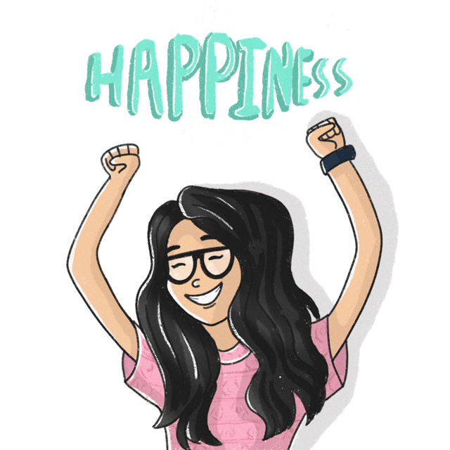 Smiling woman raising both fists beneath the word Happiness.