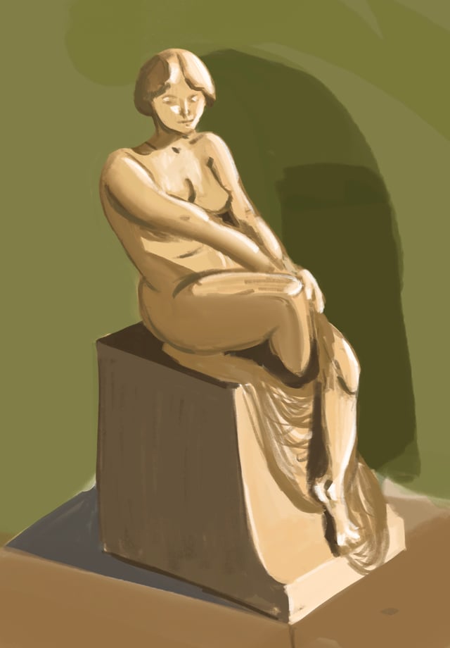 Digital gouache study of a seated stone figure with draped fabric against an olive background.