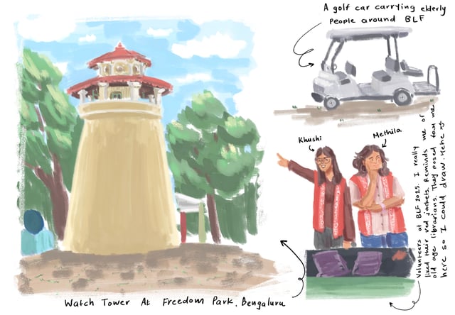 Painted journal page with a watchtower, festival visitors, and a small golf-cart sketch.
