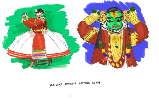 Two colorful studies of Kathakali performers wearing elaborate makeup and costumes.