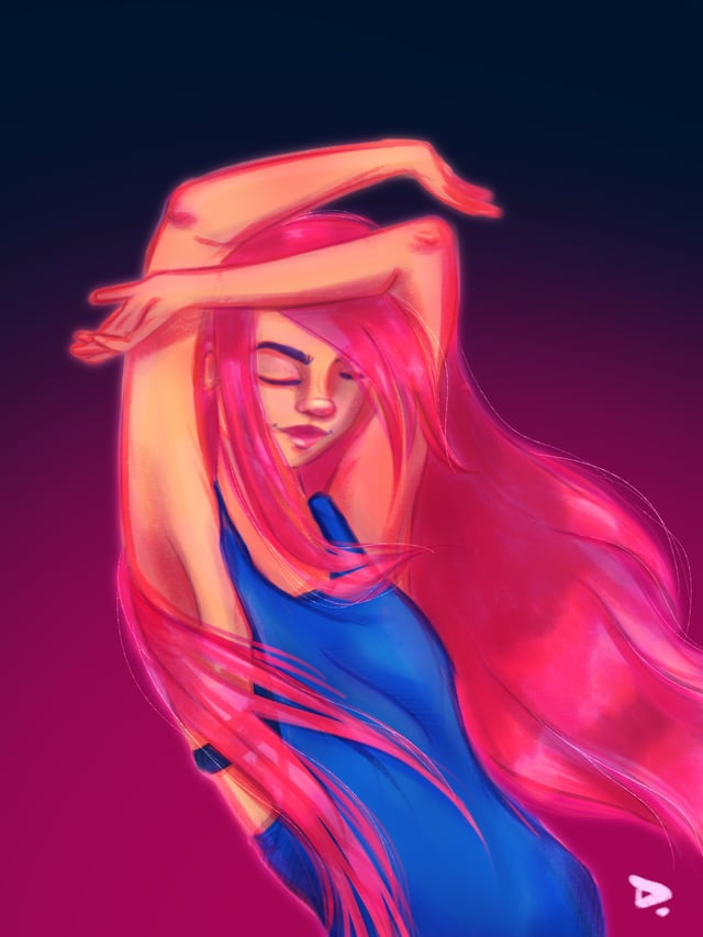 Woman with flowing red hair raising her arms in vivid pink, orange, and blue light.