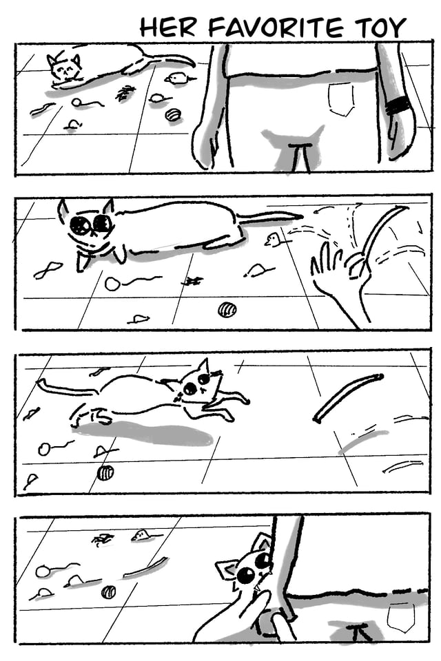 Four-panel black-and-white comic of a cat playing with a dangling toy.