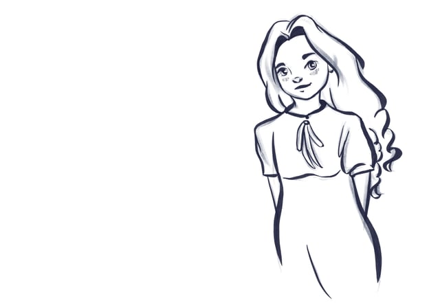 Loose line portrait of a smiling young woman with long wavy hair and a collared dress.