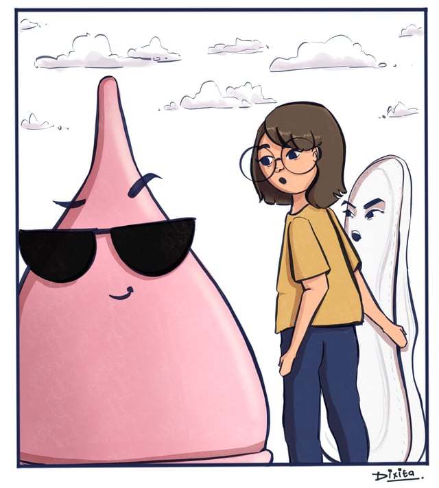 Cartoon person standing between a confident pink menstrual cup and a shy white pad.