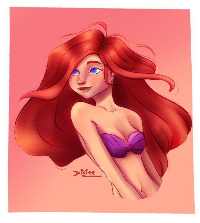 Red-haired mermaid looking over her shoulder against a coral-pink background.