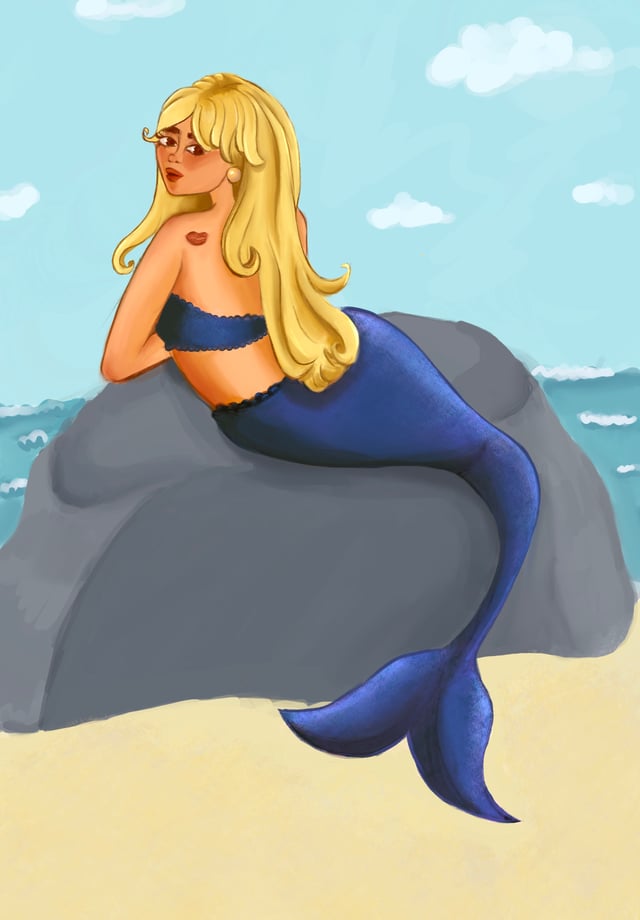 Sabrina Carpenter imagined as a blonde mermaid resting on a rock beside blue water under a cloudy sky.