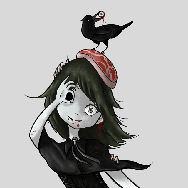 Dark-haired cartoon character balancing a piece of meat and a black bird on their head.