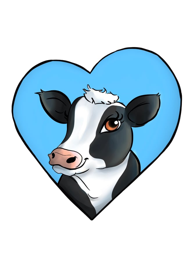 Smiling black-and-white cow peeking out of a blue heart.