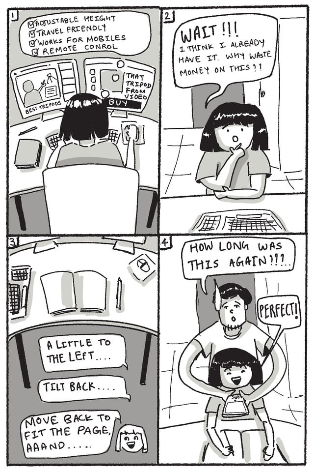 Black-and-white comic about a couple finding a way to take a photograph together.