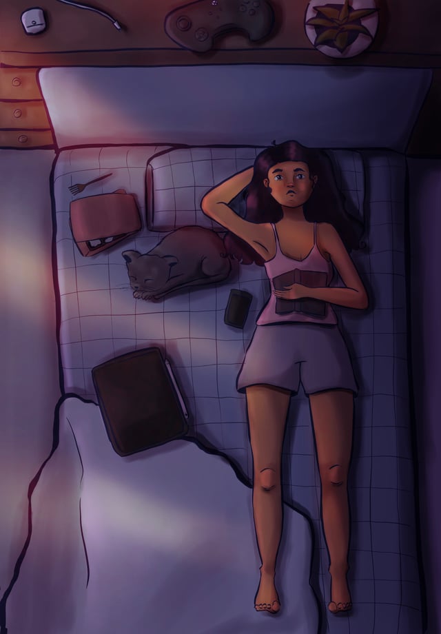 Overhead nighttime scene of a woman lying on a bed surrounded by devices and soft purple light.
