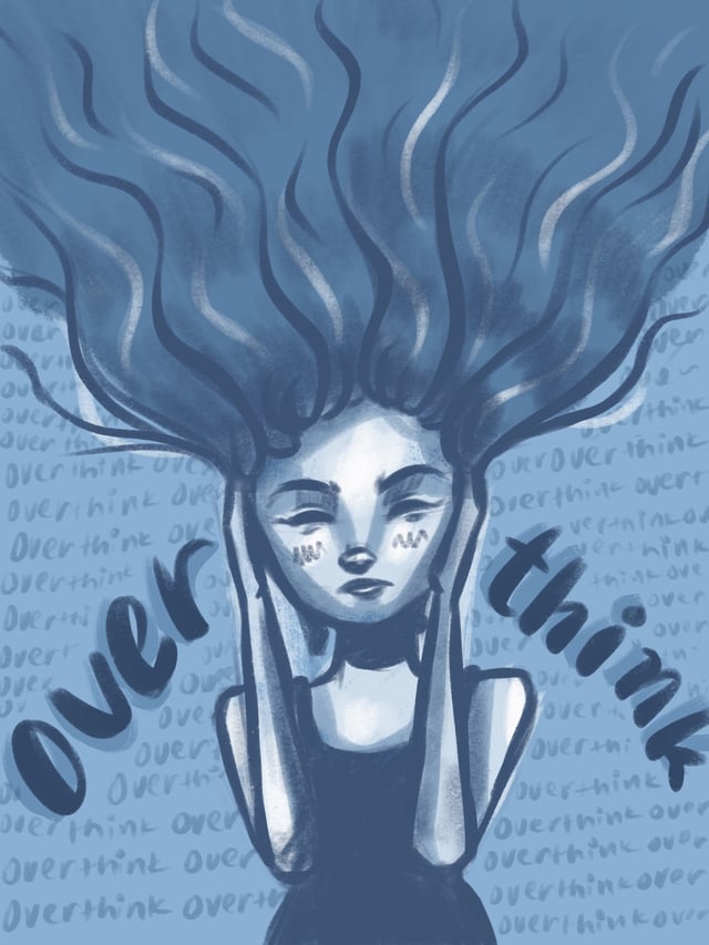 Blue-toned portrait of a woman with flowing hair, surrounded by repeated handwritten text about overthinking.