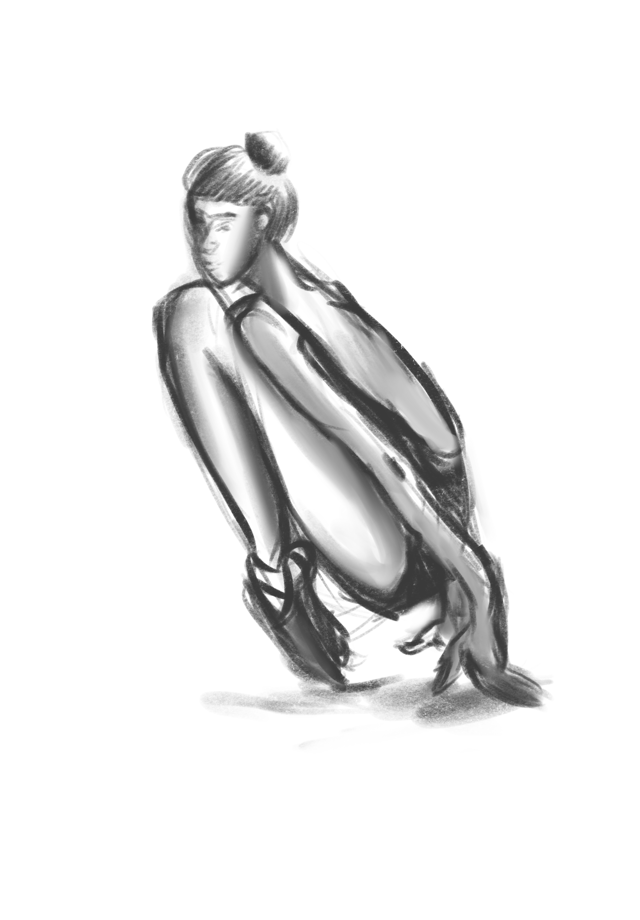 Grayscale figure study of a seated person leaning forward with their knees raised.