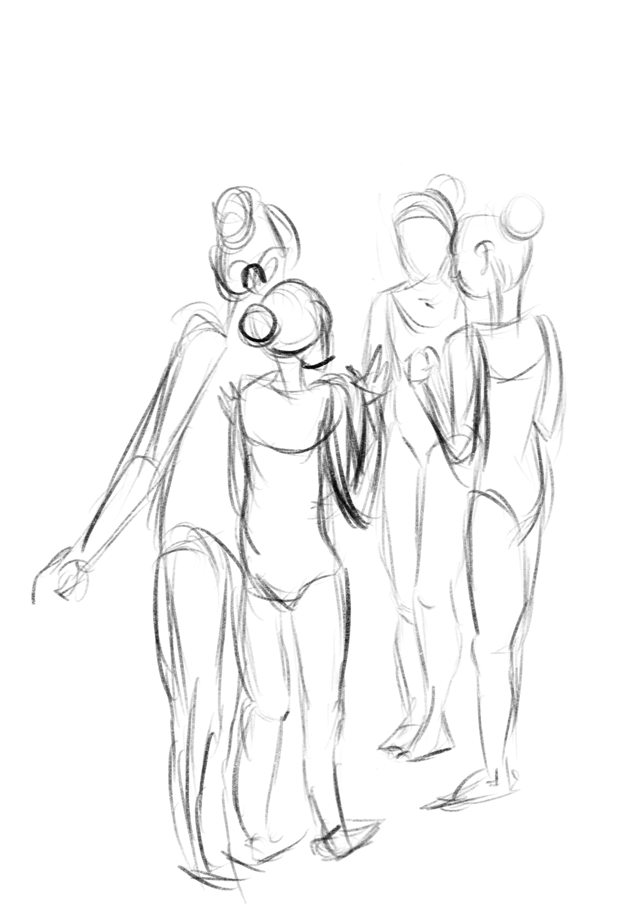 Loose monochrome study of two standing figures seen from different angles.