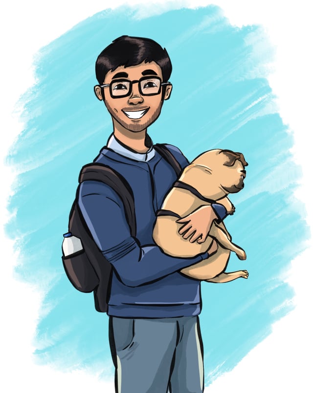 Smiling person wearing glasses and a backpack, holding a small brown dog.