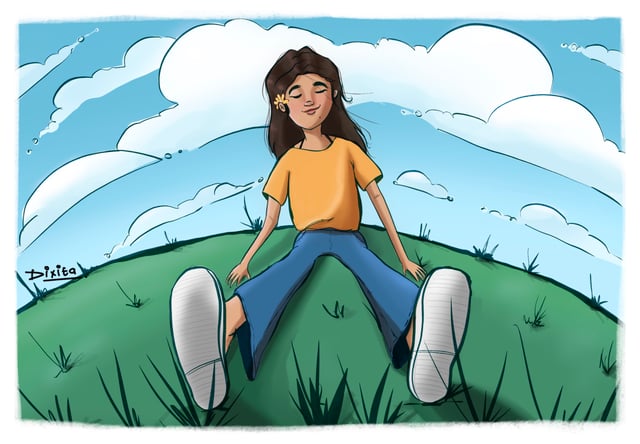 Woman sitting on a grassy hill with her shoes enlarged by a low viewpoint.