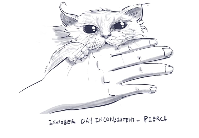 Cat gripping a person's hand with its paws and teeth in a loose line drawing.