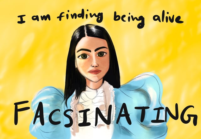 Portrait of a dark-haired woman in pale blue beside the words I am finding being alive fascinating.