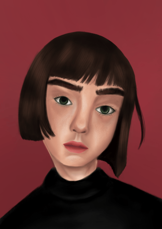Painted portrait of a short-haired woman in a black turtleneck against a red background.